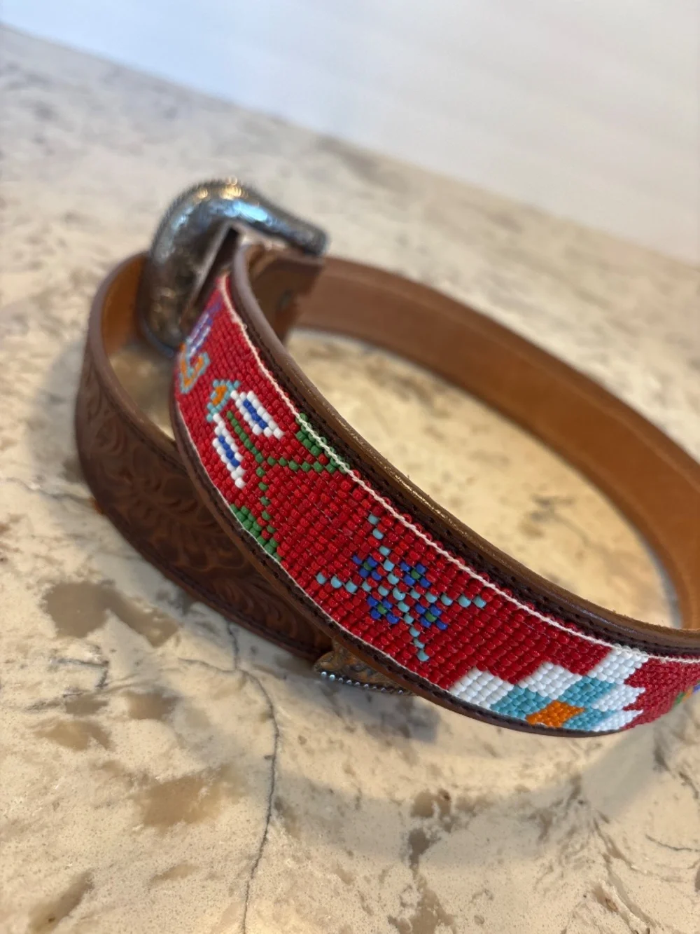Vintage Western Tooled Leather Beaded Belt Red Turquoise SW USA Size 32